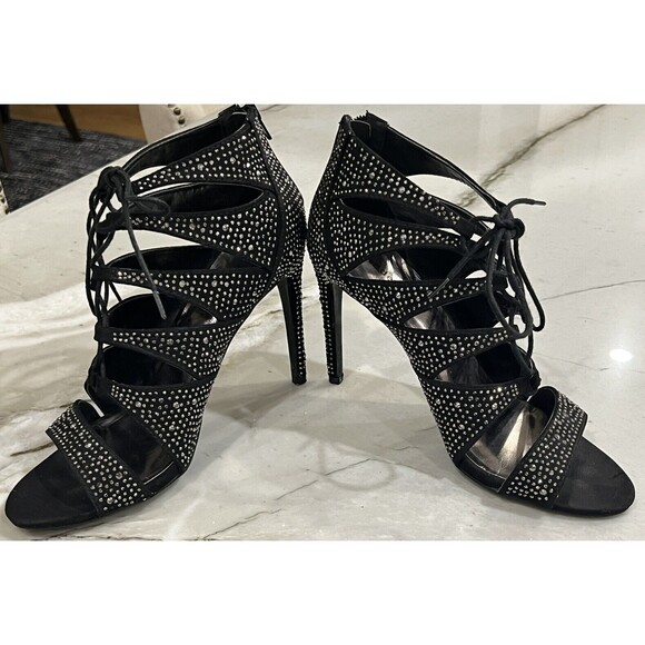 Madden Girl Sz 10 Black Stiletto Heels Rhinestones Gladiator Straps Dacey - Picture 1 of 8